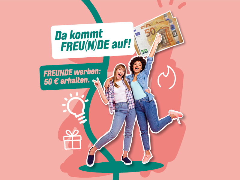 Zwei junge Frauen, mit 100 Euro und dem Schriftzug