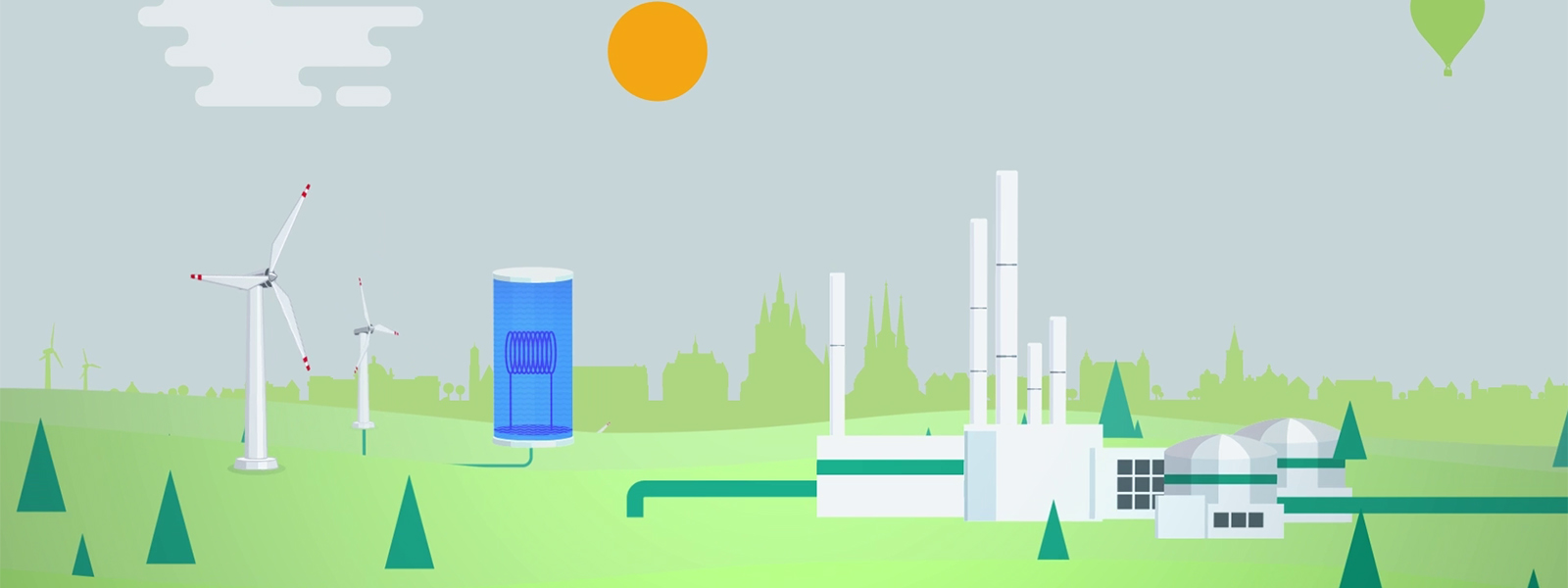 Nachhaltig durch Naturstrom und grüne Energie GuD im Comicstil mit Windkraft und Power-to-Heat